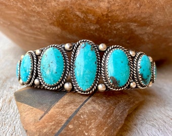 Vintage Seven Stone Turquoise Row Bracelet Size 6-3/8" (Cracked Stone), Navajo Native American Cuff
