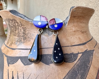 Navajo Frank Yellowhorse Channel Inlay Earrings Sunface Galaxy, Posts with Dangles