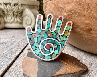 Kewa Pueblo Joel Pajarito Turquoise Coral Sterling Silver Hand Ring Size 9.25