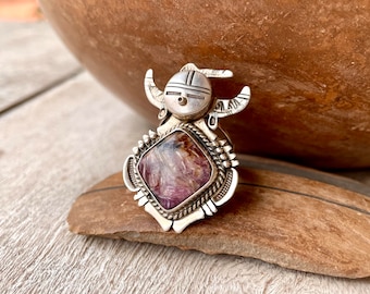 Vintage Navajo Benny Ration Sterling Silver Charoite Yei Figure Ring Size 6.25, Native American