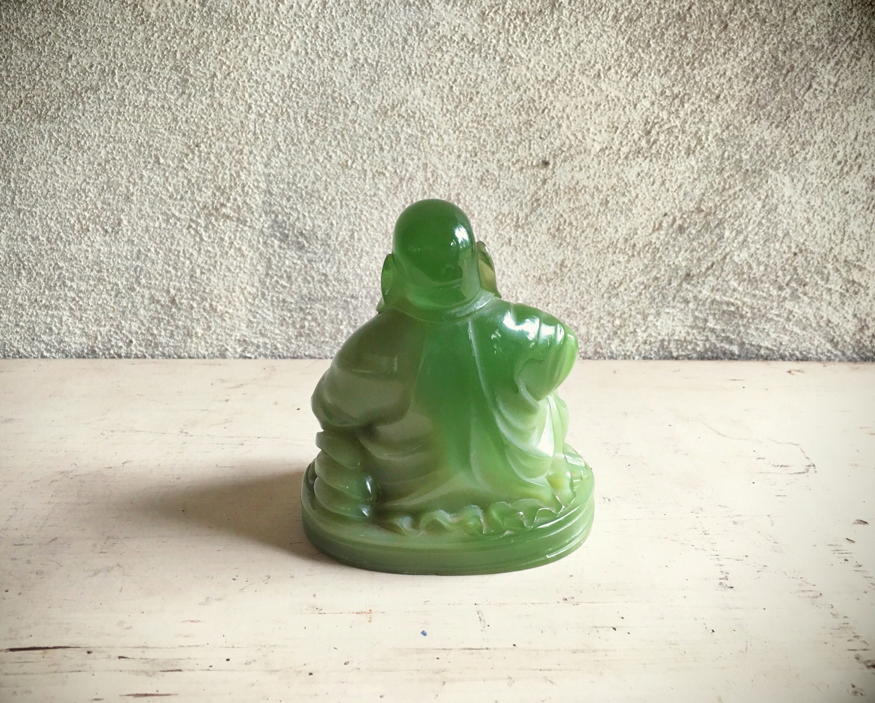 Vintage celluloid green Buddha figurine, faux jade Sitting Buddha