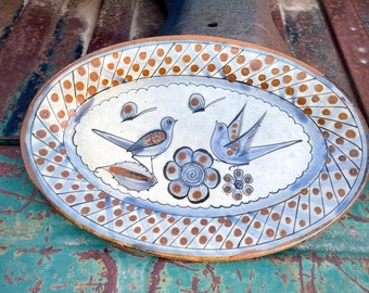 Vintage Ken Edwards 12.5" Tonalá Mexican Pottery Platter Bird Design, Ceramic Oval Plate, Southwestern Kitchen Serving Ware, Rustic Decor