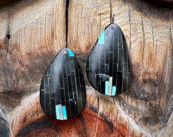 Black Jet Turquoise Inlay on Shell Earrings, Vintage Kewa Santo Domingo Pueblo Jewelry