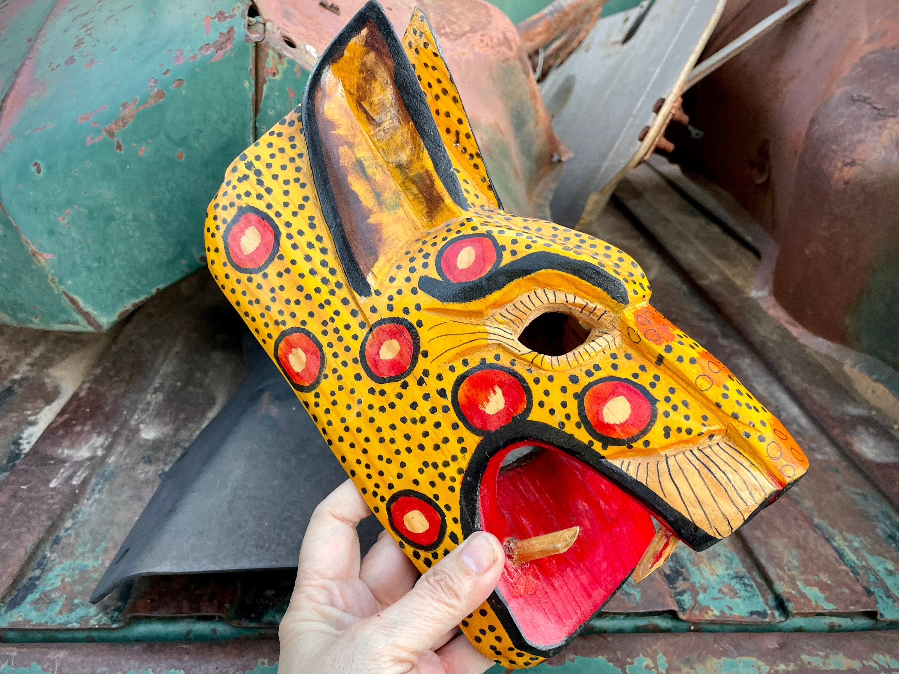 Carved Painted Vintage Mexican Wooden Mask of Jaguar Tigre, Mexico Folk