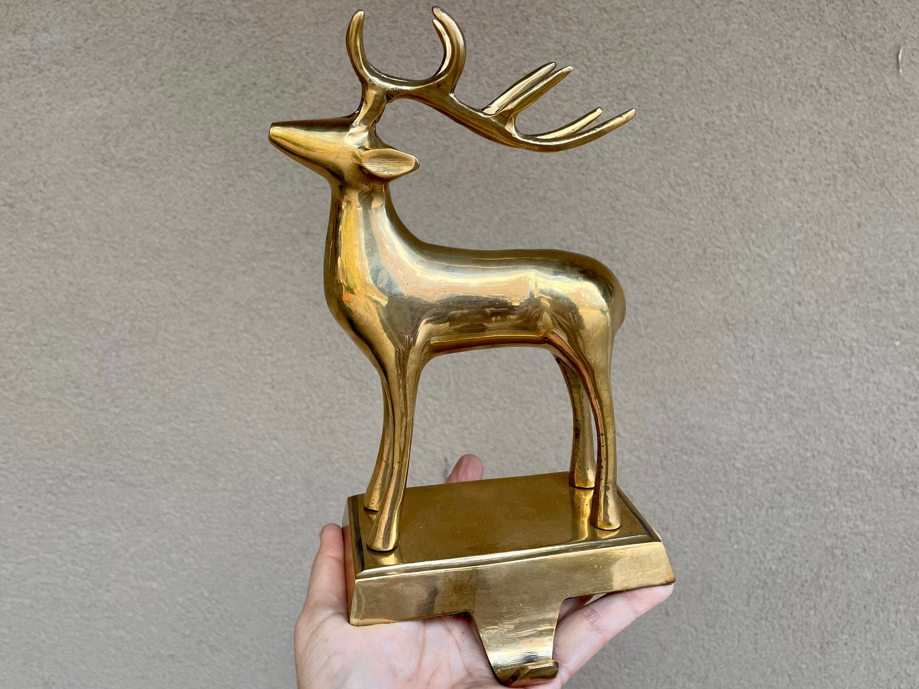 Two Vintage Heavy Brass Stocking Holders Reindeer (Mismatched), Gold