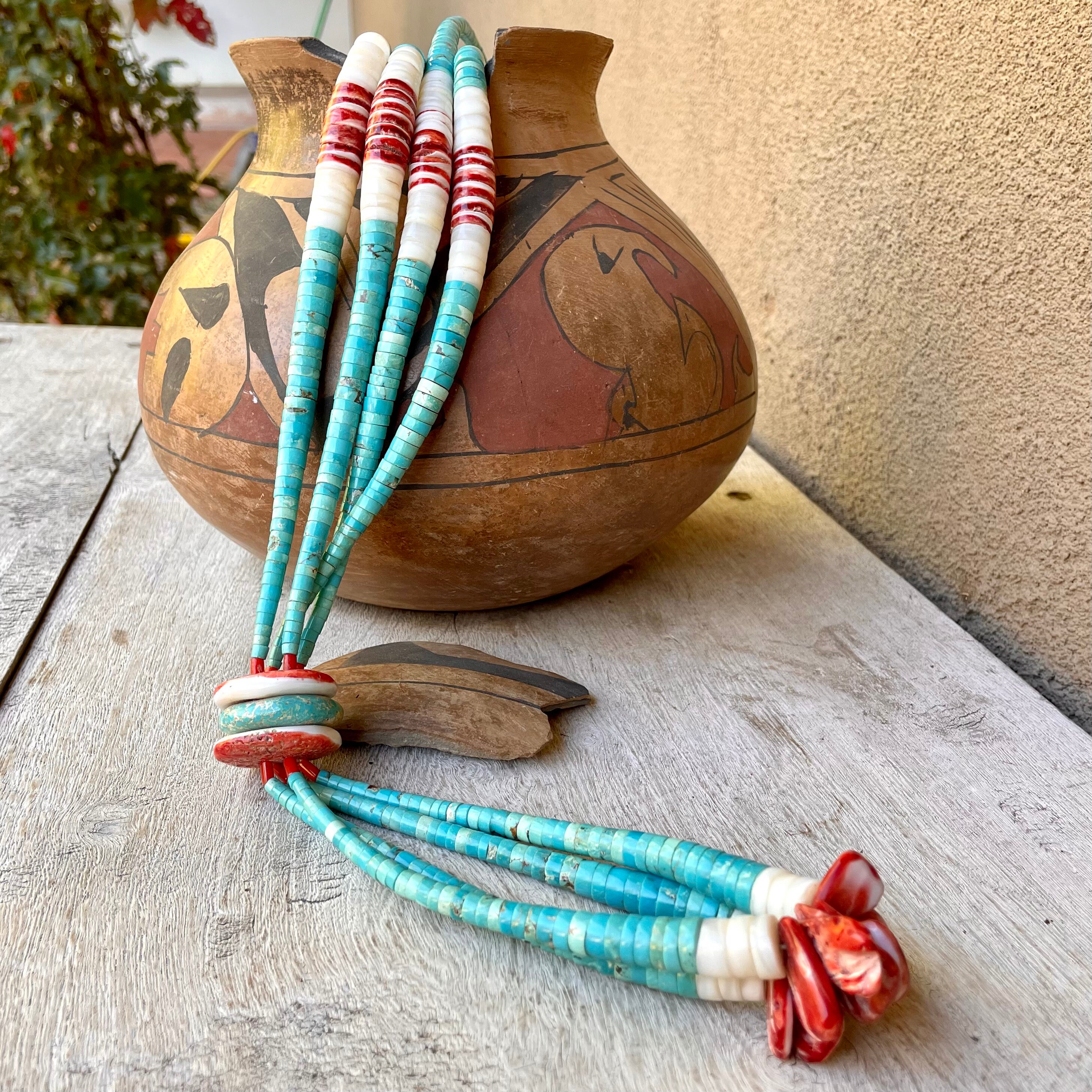 Necklace, Natural Stone, Orange Spiny Oyster & Turquoise Heishi, Doubl