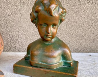 Vintage Bronze Plaster Bookend Bust Cherub Boy w/ Verdigris Finish, French Country Decor