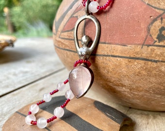 Sterling Silver Rose Quartz Female Goddess Pendant w/ Glass Bead Chain, Vintage Bohemian Hippie Jewelry, Fertility Talisman Healing Gemstone