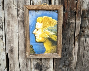 Vintage Print on Board by Octavio Ocampo Surrealist Art in Rustic Wood Frame 13.5 x 19 No Glass