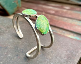 Green Turquoise Two-Stone Contemporary Sterling Silver Rail Cuff Bracelet by Lilly Barrack, Modernist Southwestern Designer Jewelry Unisex