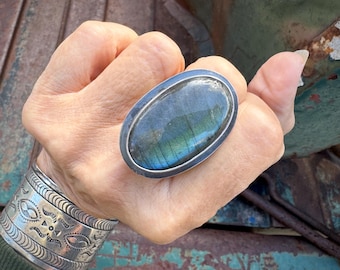 Sterling Silver Labradorite Ring Approx Size 7.75 by Navajo Me'Dru Nelson, Native American