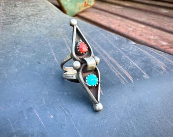 Vintage Dainty Long Slender Turquoise Coral Ring Approx Size 4.5, Native American Jewelry