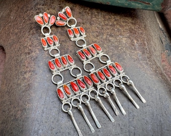 Navajo Eunice Wilson Petit Point Coral Chandelier Earrings, Approx 3.5" Long