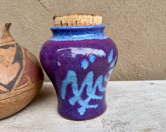 Ken Merrick Art Studio Pottery Jar Urn 6.5", Cork Stopper, Purple Blue Drip Glaze