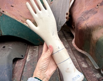1990 Porcelain Glove Mold White Hand Blue Lines, Approx 14.75", Vintage Industrial Decor