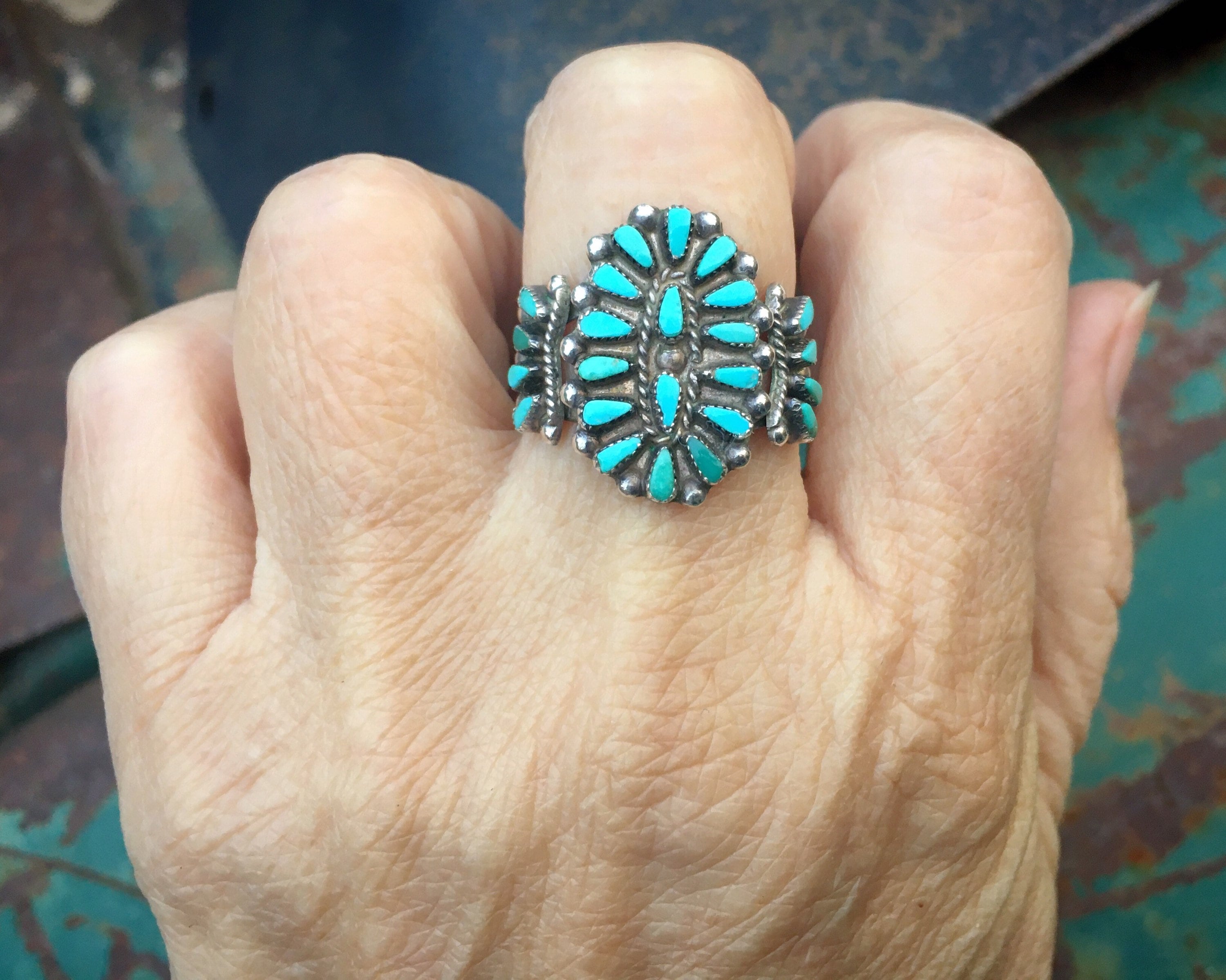 Zuni Milburn Dishta Petit Point Turquoise Ring Size 9.5, Vintage