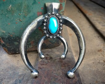 Navajo James Martin Sandcast Silver Turquoise Naja Pendant for Necklace, Native American Jewelry