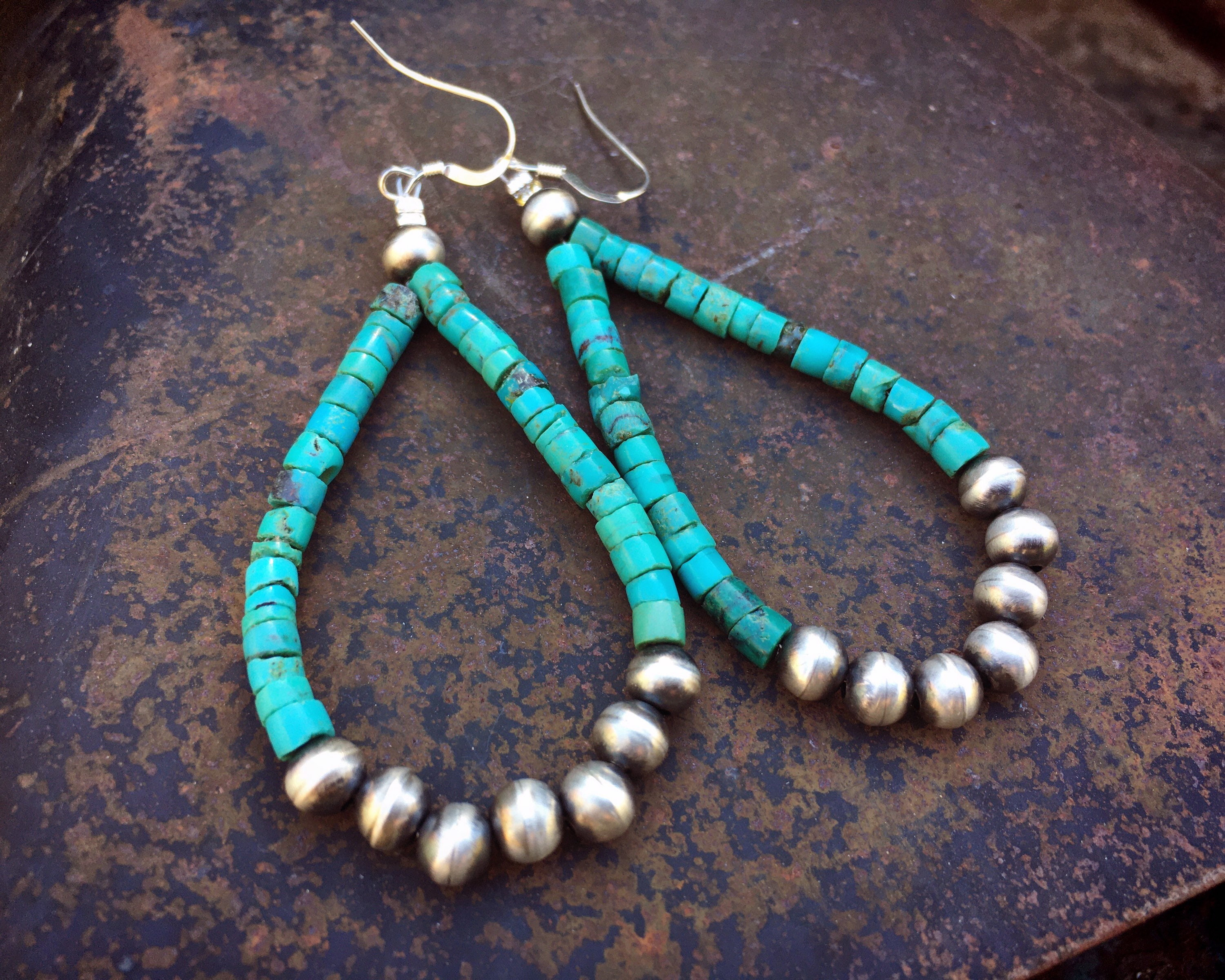 Turquoise Heishi and Sterling Silver Bead Loop Hoop Earrings for Women ...