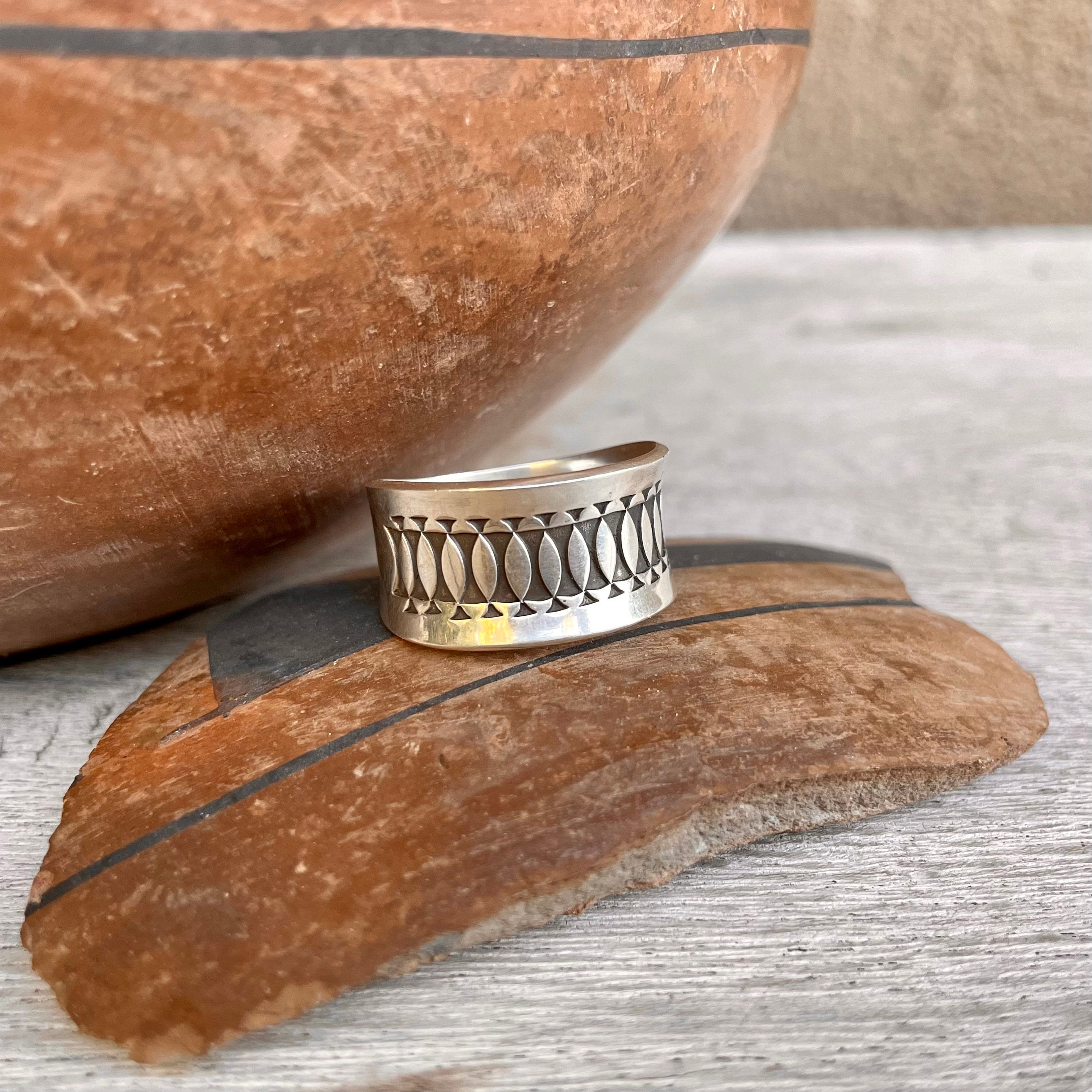 Navajo Norbert Peshlakai Sterling Silver Band Size 10, Geometric