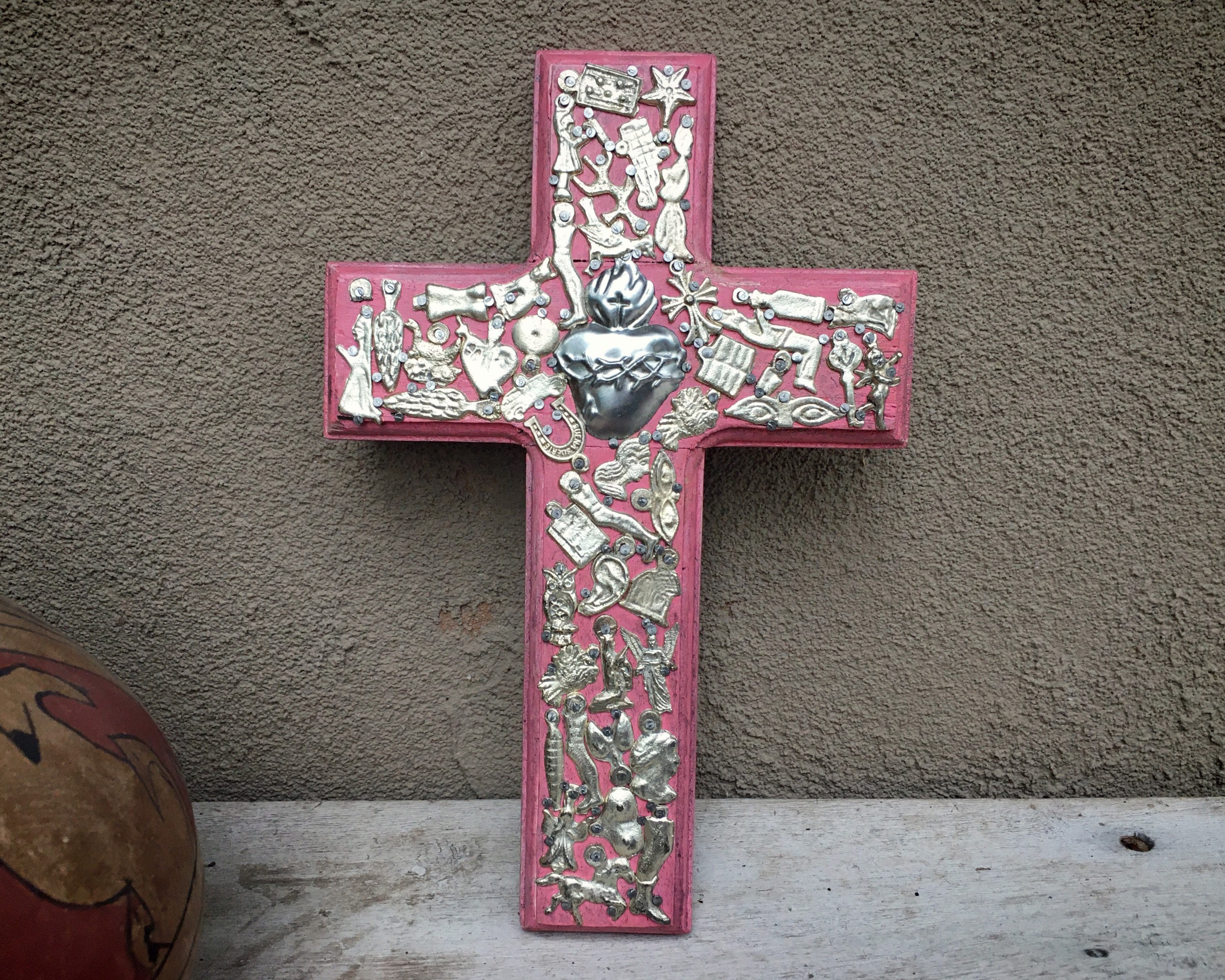 Mexican Milagro Wall Cross with Milagros Amulets, Lucky Charms, Miracle Art, Religious Medals