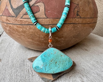 Navajo Fritson Toledo Turquoise Pendant (Removable) & Heishi Necklace 27", Native American Made