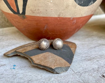 Very Small Stamped Silver Button Post Earrings, Southwestern Jewelry Navajo Native American