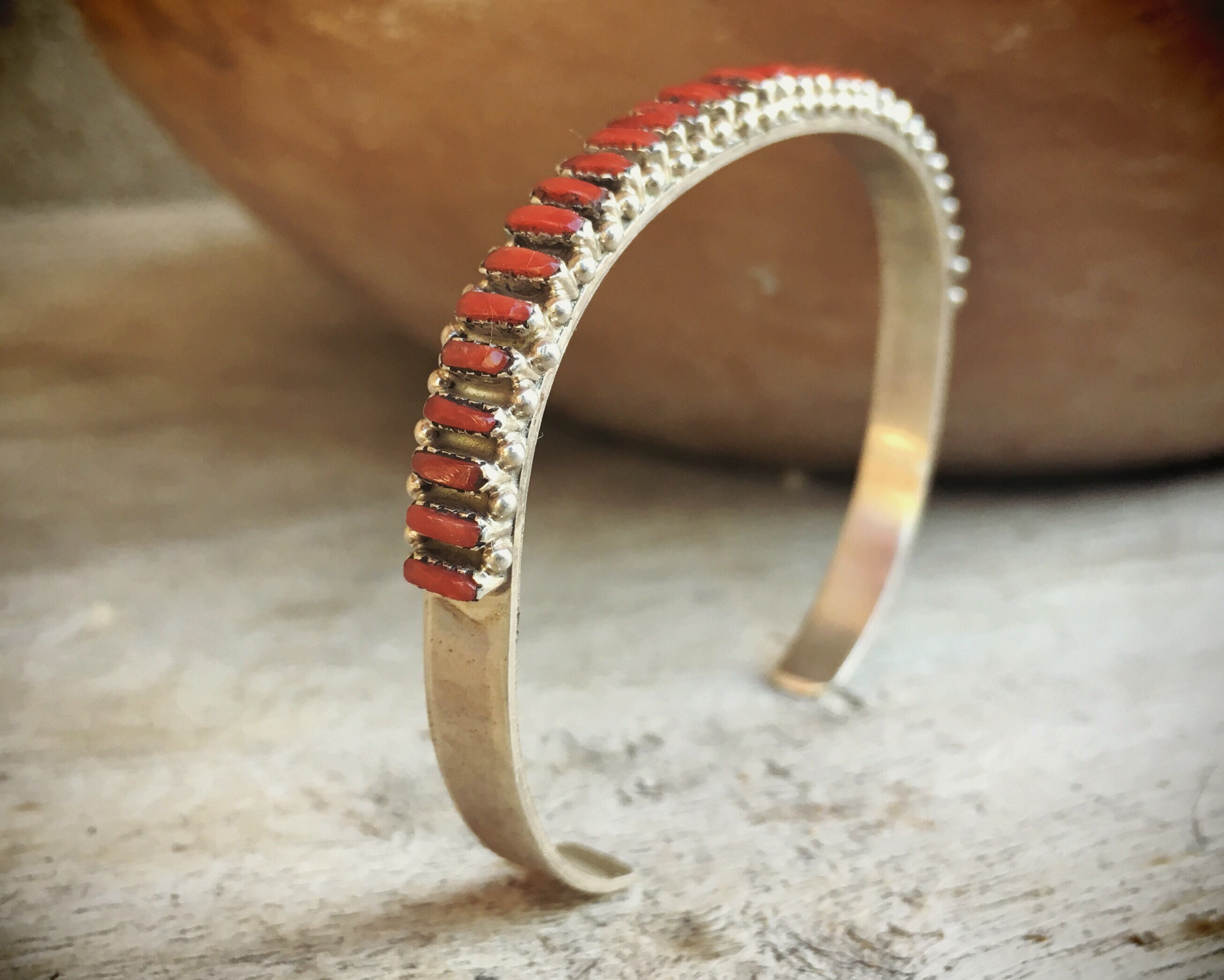 Signed Zuni Coral and Silver Row Bracelet for Women, Native American