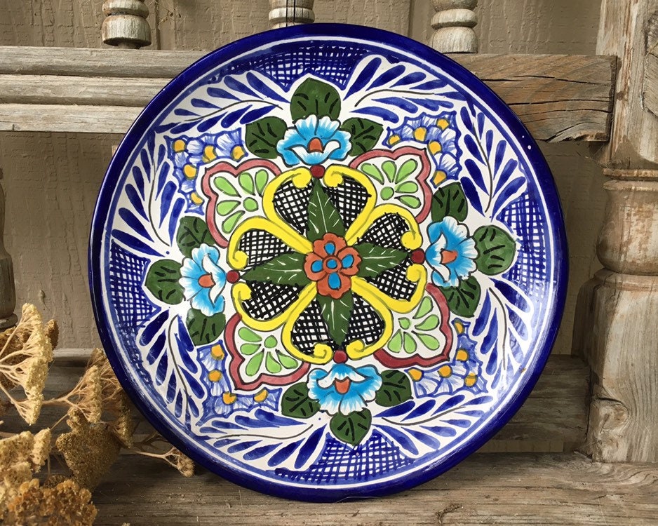 Vintage 12 Mexican Talavera Plate Wall Hanging, Rustic Southwestern