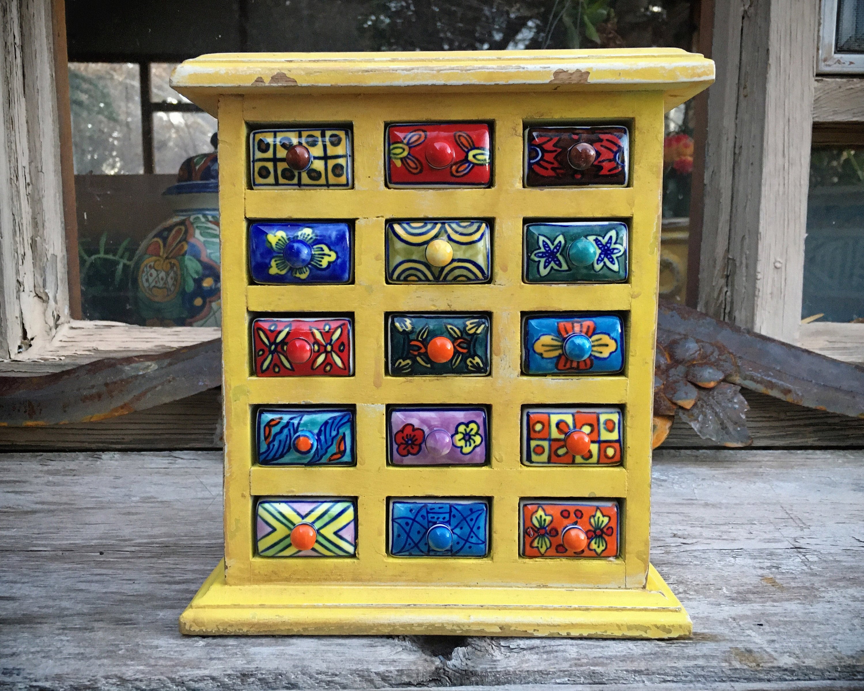 Yellow Painted Wood Box with Ceramic Mini Drawers, Jewelry Storage