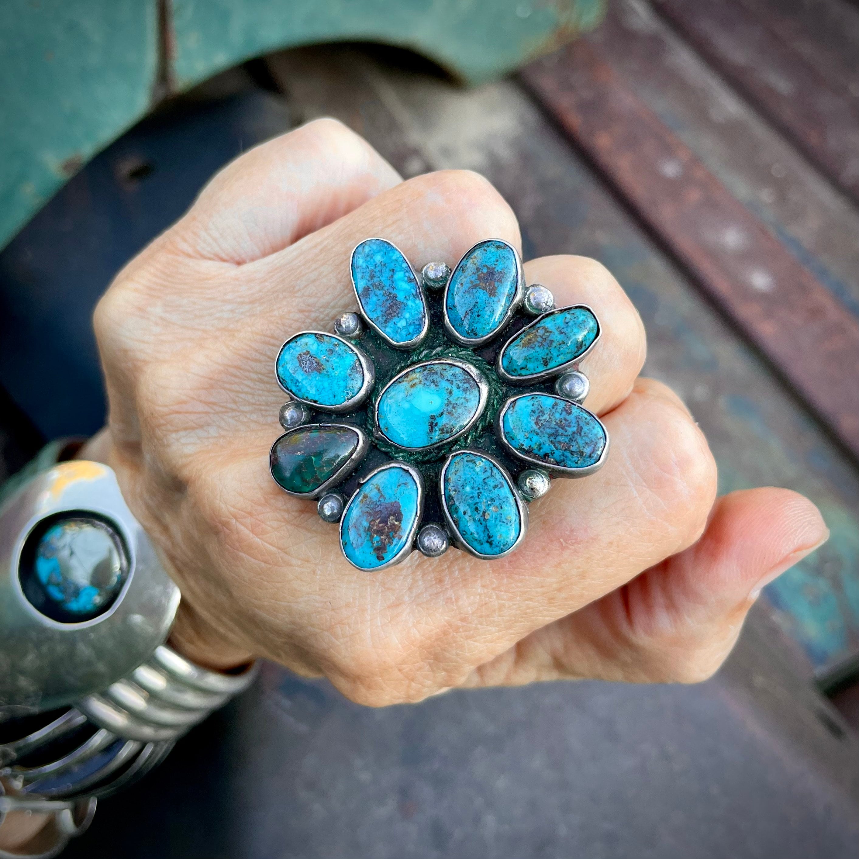 Whimsical Vintage Navajo Native American Bisbee Turquoise Sterling Silver Ring Whimsical Vintage Navajo Native American Bisbee Turquoise Sterling Silver Ring