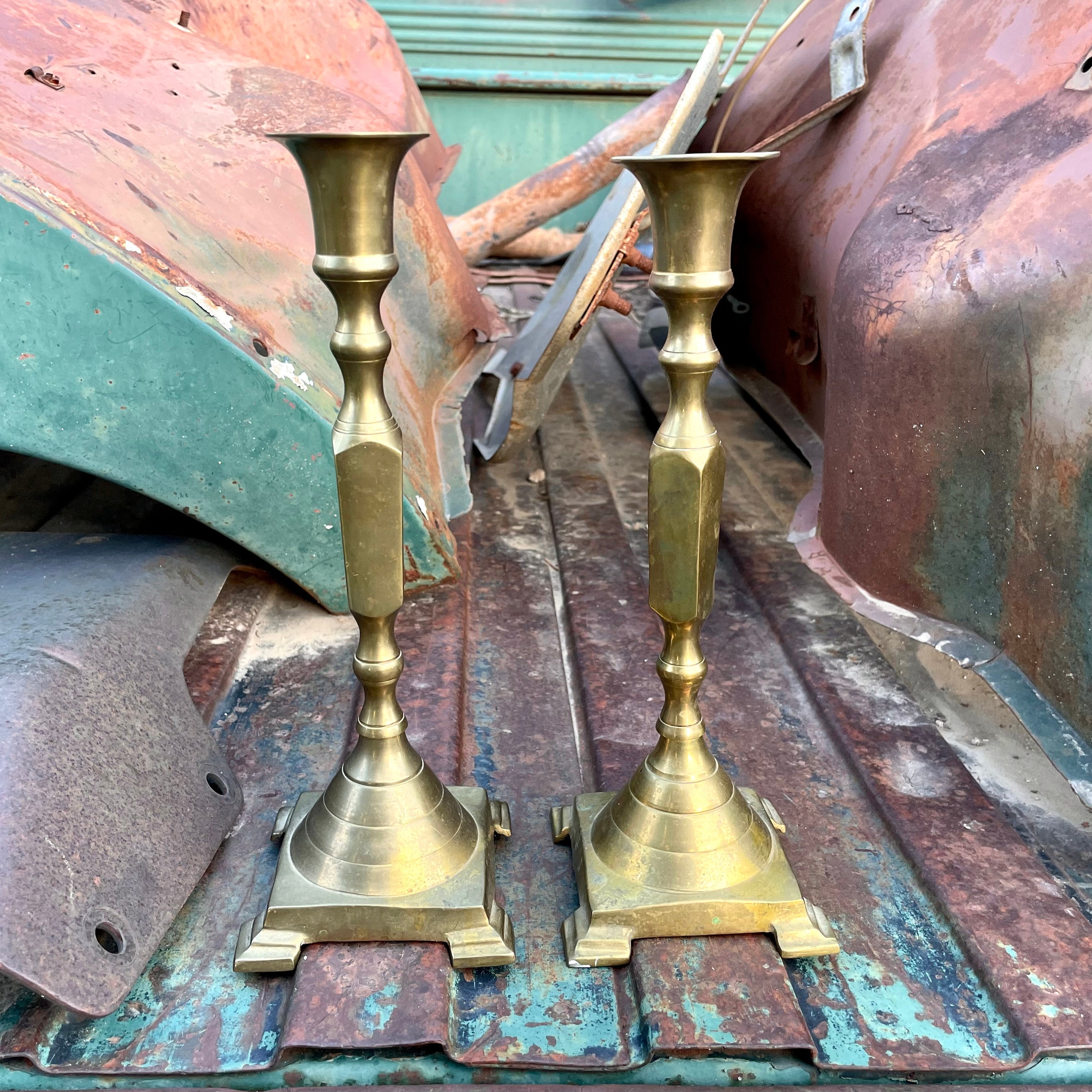 Vintage Brass Taper Candle Holder Square Footed Base Set of 2 