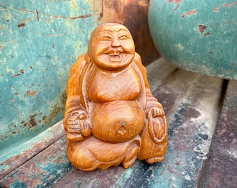 Vintage Wood Carved Joyful Buddha Figurine 6" Tall, Laughing Hotei, Zen Altar, Feng Shui Gift