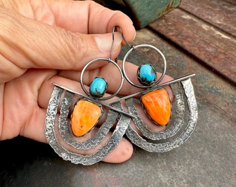 Big Sterling Silver Turquoise Spiny Oyster Dangle Earrings, Southwestern Native American Jewelry