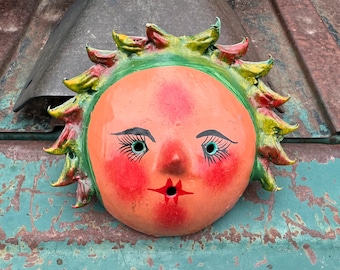 Vintage Mexican Folk Art Lady Mask Coconut Shell Wall Hanging, Pink Green Colors, Wild Hair, Gift for Friend, Southwestern Bohemian Decor