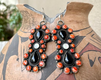 Black Onyx Red Orange Spiny Oyster Dangle Earrings by Navajo Devin Brown, Native American