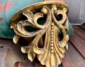 Vintage Molded Resin Floating Shelf Sconce Distressed Gold Paint, Wall Mount Display