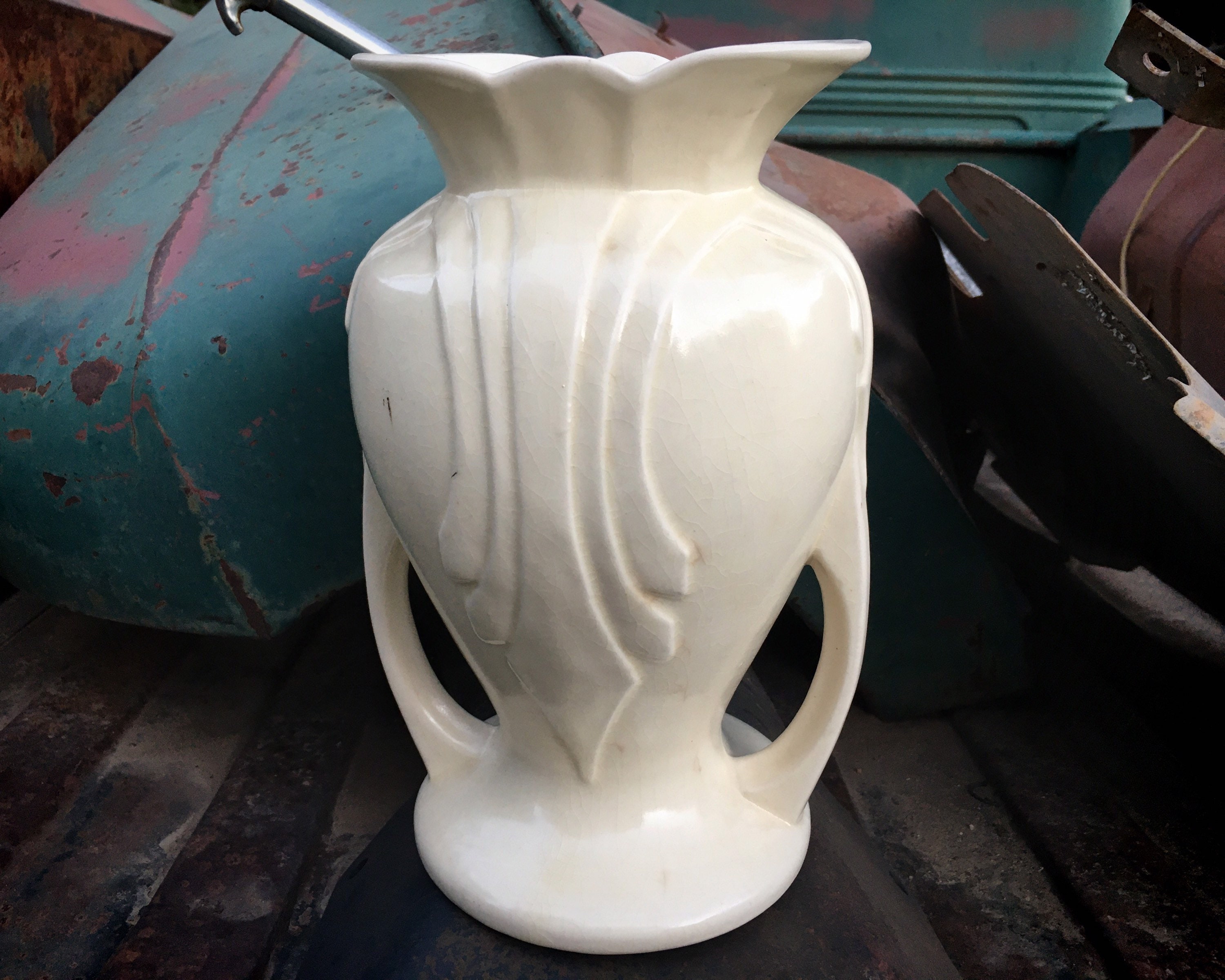 Vintage Matte White Pottery Vase with Handles Stamped USA 48, Wedding