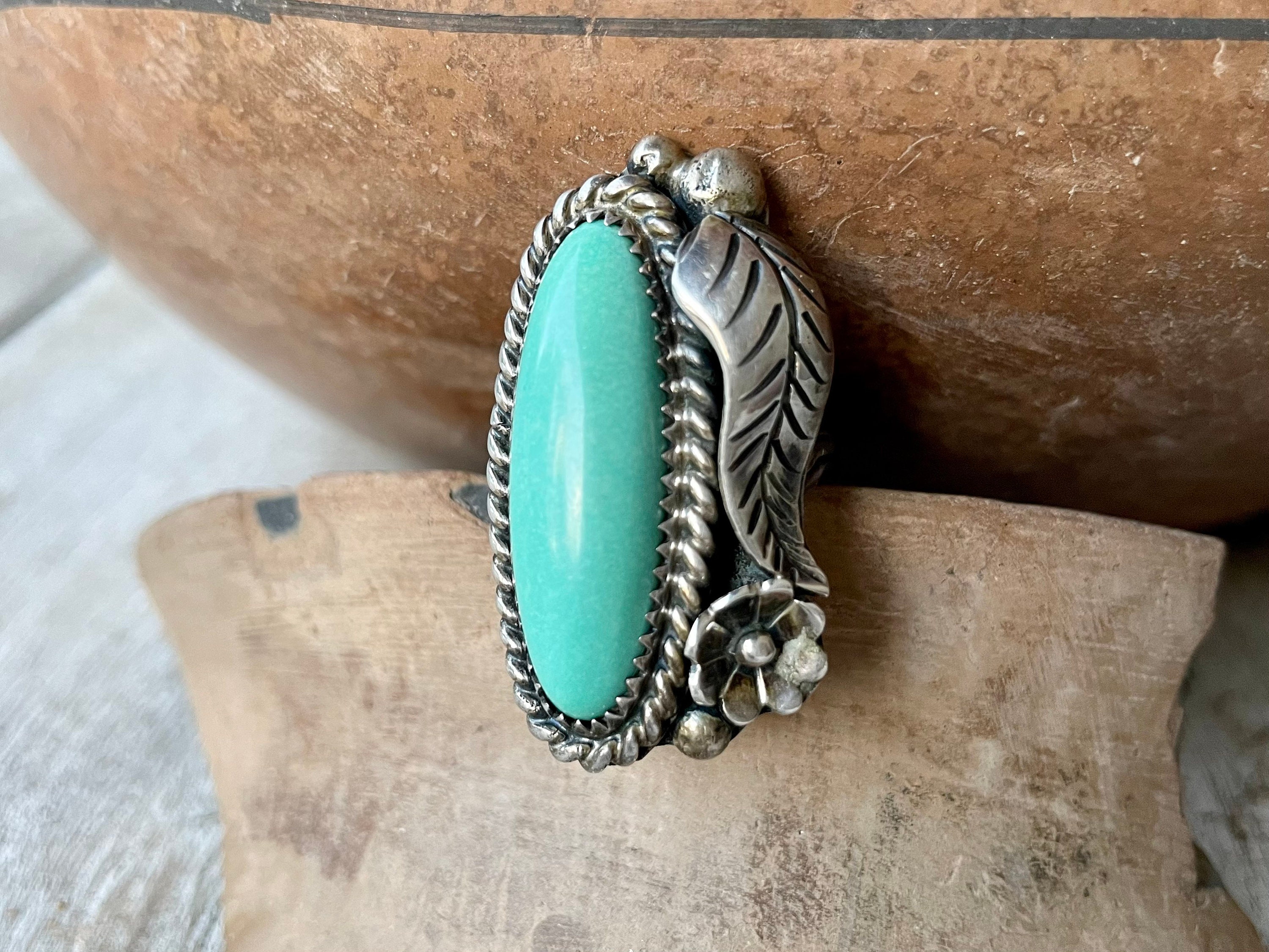 Traditional Navajo Turquoise Ring with Sterling Silver Leaf, Native