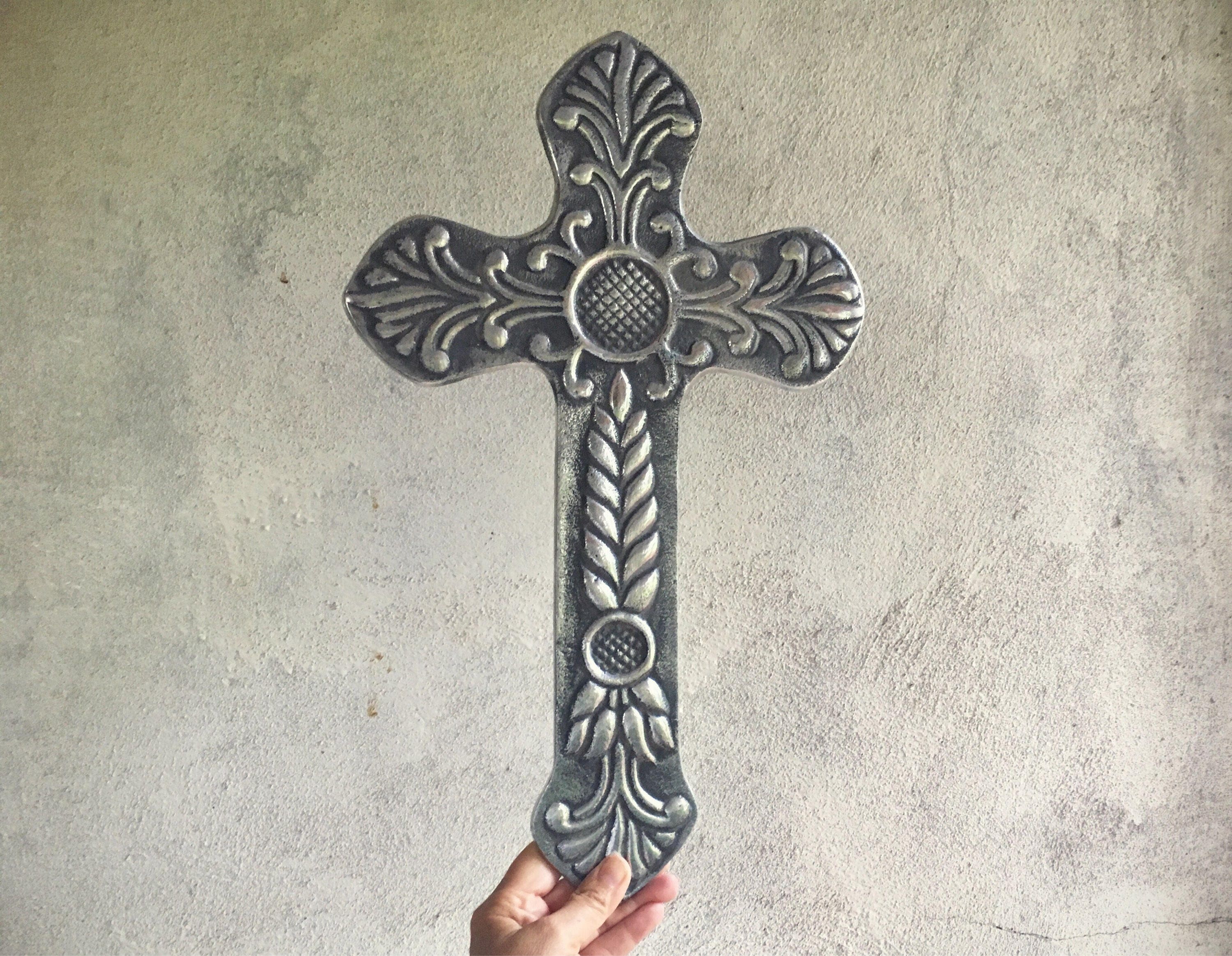 Three vintage wall crosses made of pewter wall hangings Spanish decor