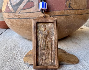 Wood Framed Metal Antique Thai Amulet Pendant on Silk Cord w/ Chevron Trade Bead