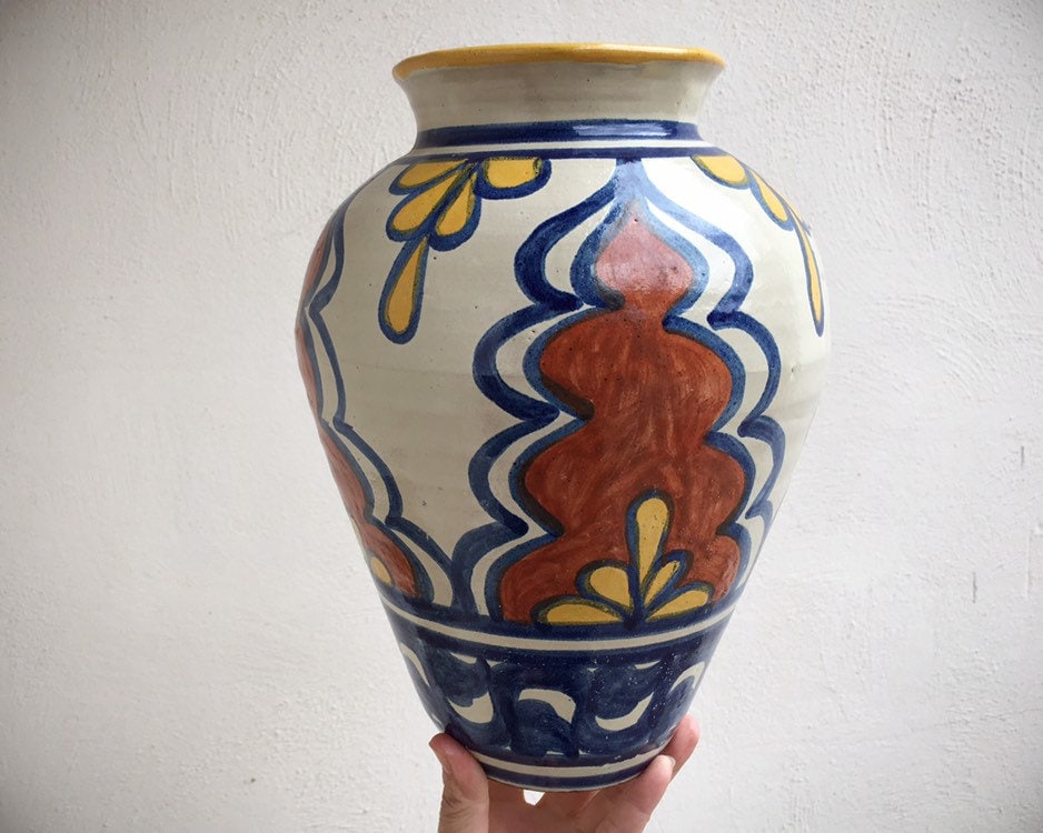 Vintage Talavera Vase Tall Urn Majolica Ceramics, Mexican Pottery