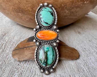 Rosella Paxson Spiny Oyster Turquoise Long Ring Approx Size 9, Native American Jewelry