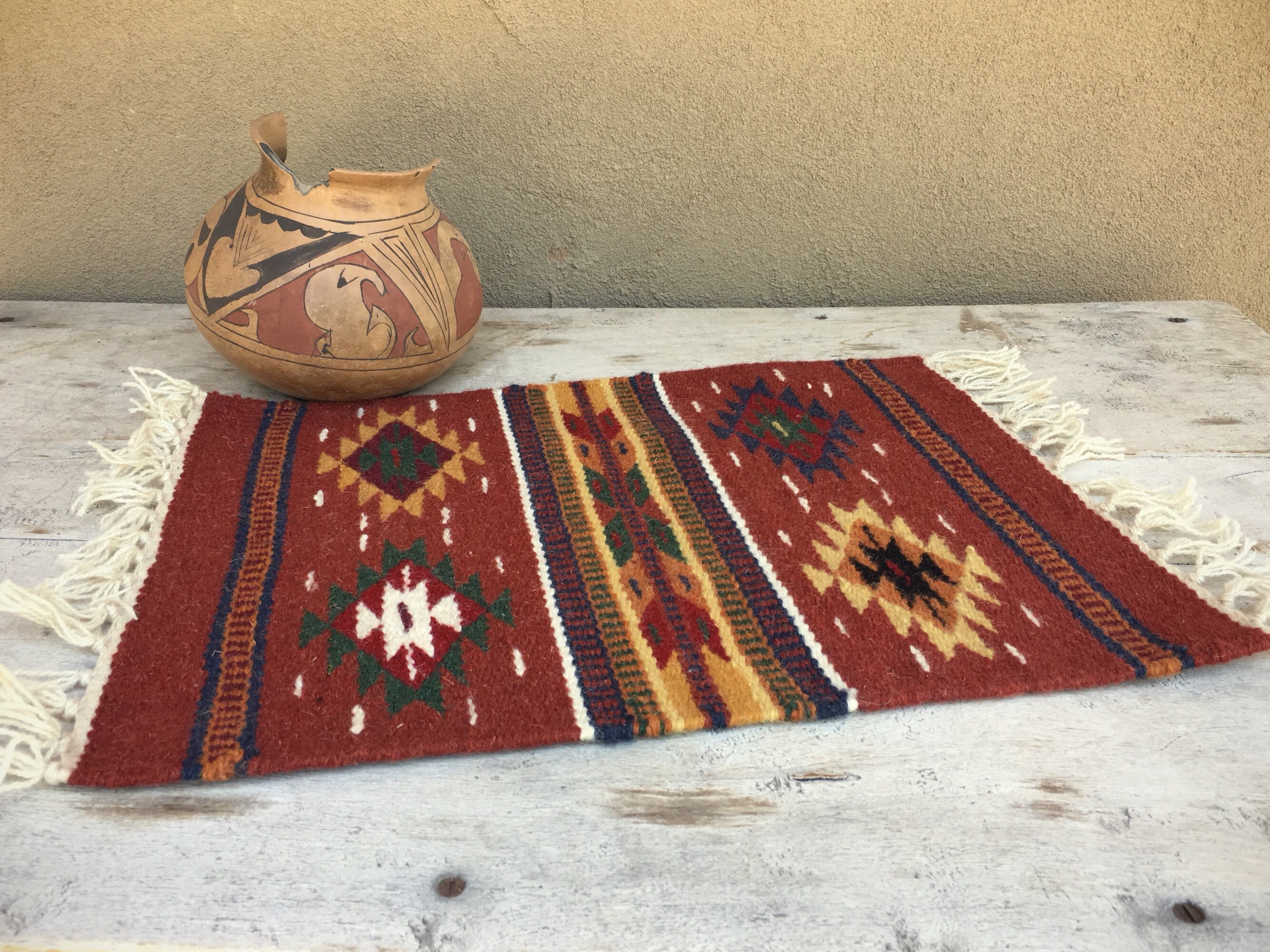 Woven Wool Placemat Wall Hanging Tapestry or Table Runner Rustic Red
