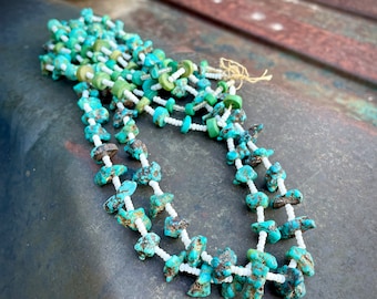 Vintage Two Strand Turquoise Nugget & Seed Bead Necklace Twine Closure, Native American Jewelry
