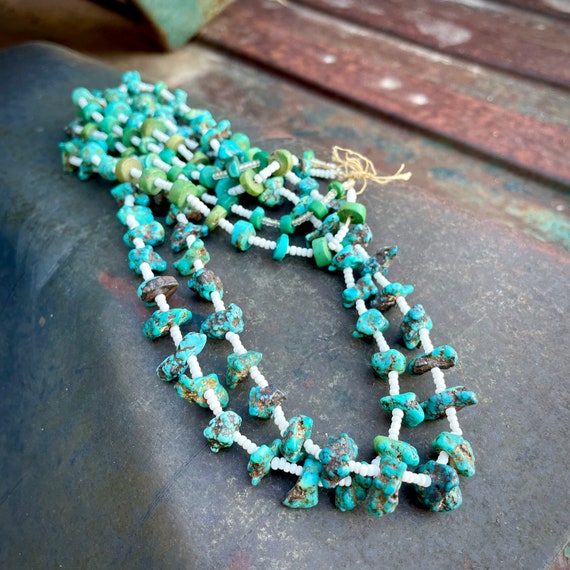 Very Unique Two Heishi Dark Light Vintage Native American Navajo Turquoise Necklace- Authentic Very Unique Two Heishi Dark Light Vintage Native American Navajo Turquoise Necklace- Authentic