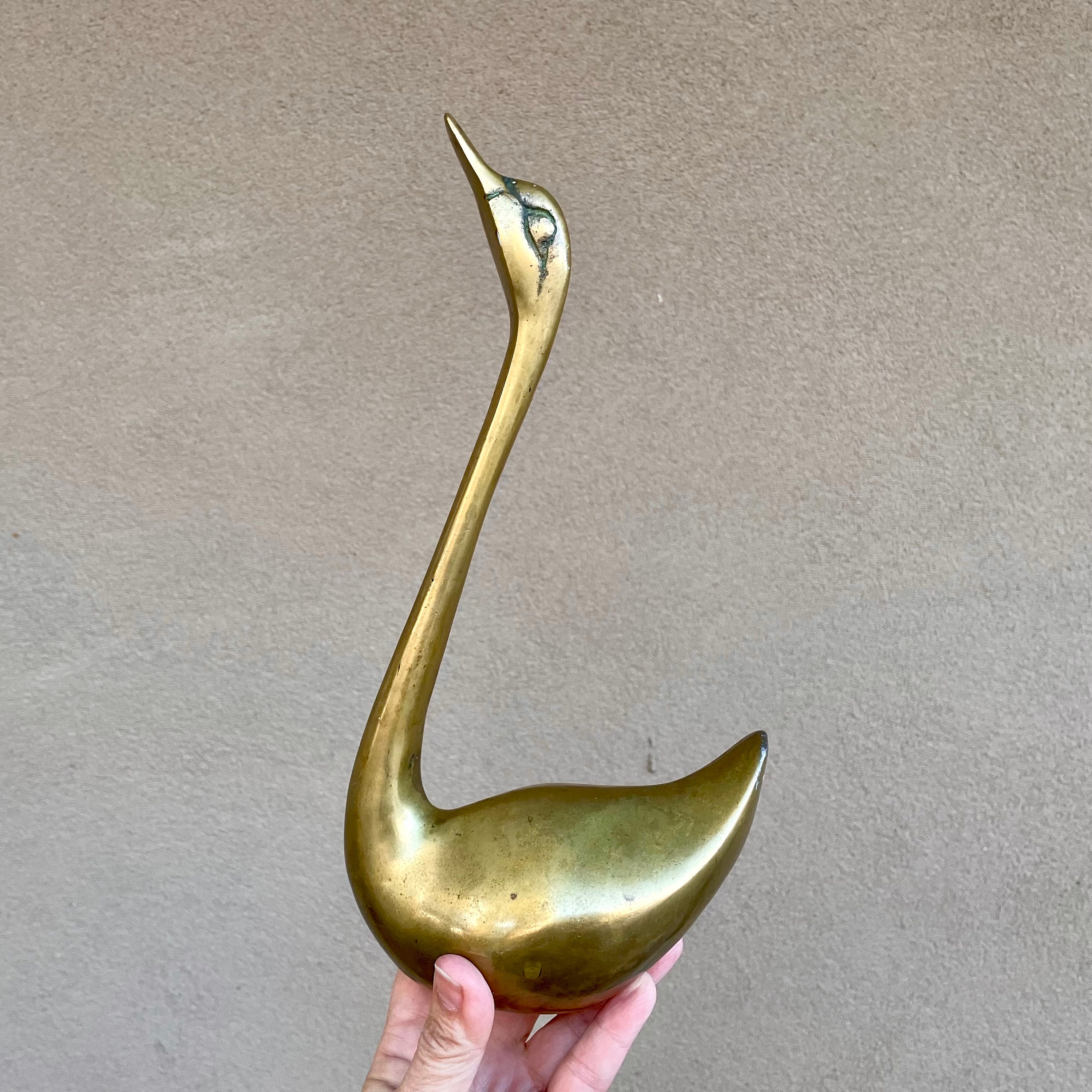 Vintage Tall Slender Solid Brass Swan Figurine, Hollywood Regency