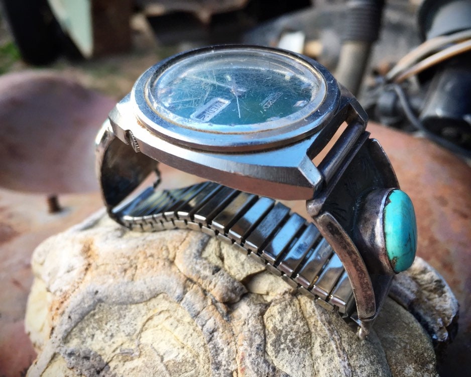 Vintage Natural Turquoise Watch Tips for Men Sterling Silver Navajo Jewelry Wrist Watch Band Native American Indian