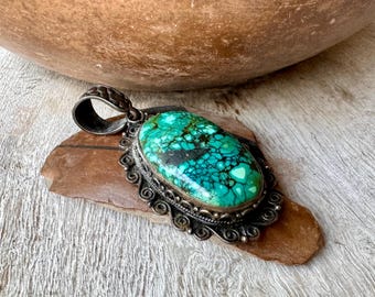 Large Sterling Silver Spiderweb Variscite Turquoise Pendant, Open Back, Southeast Asian Jewelry