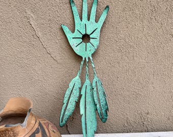 Vintage Rustic Iron Hand & Feathers Wall Hanging Approx 16.5", Outdoor Art