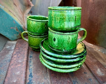 Vintage Oaxaca Green Pottery Four Cups & Saucers Circa 1940s, Loza Verde